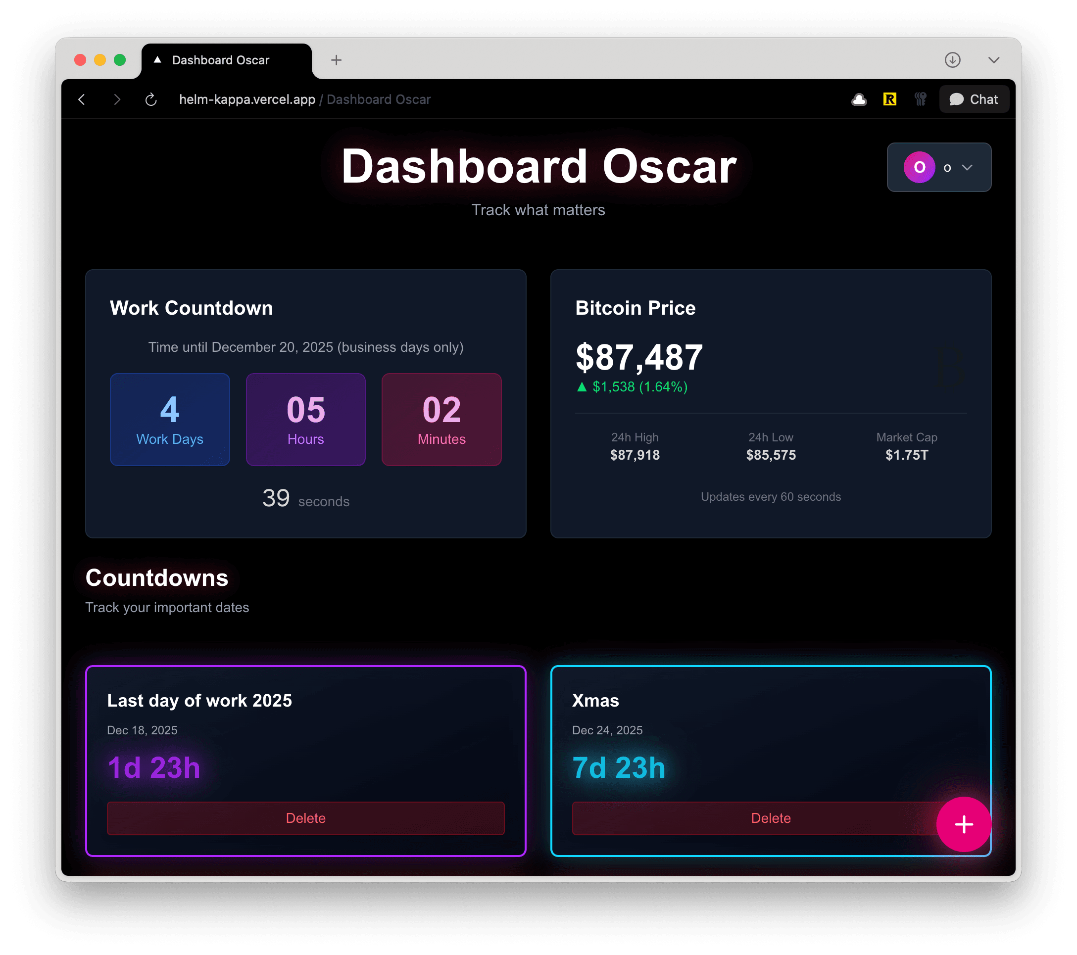 Dashboard Oscar interface showing custom countdowns, Bitcoin price tracker, and weather widget with neon cyberpunk styling on black background